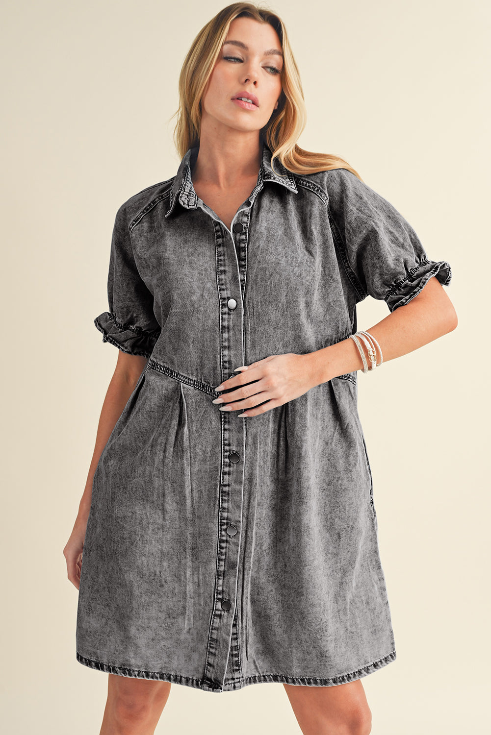 Blue Mineral Washed Ruffled Short Sleeve Pocketed Denim Dress - Eloy Royal