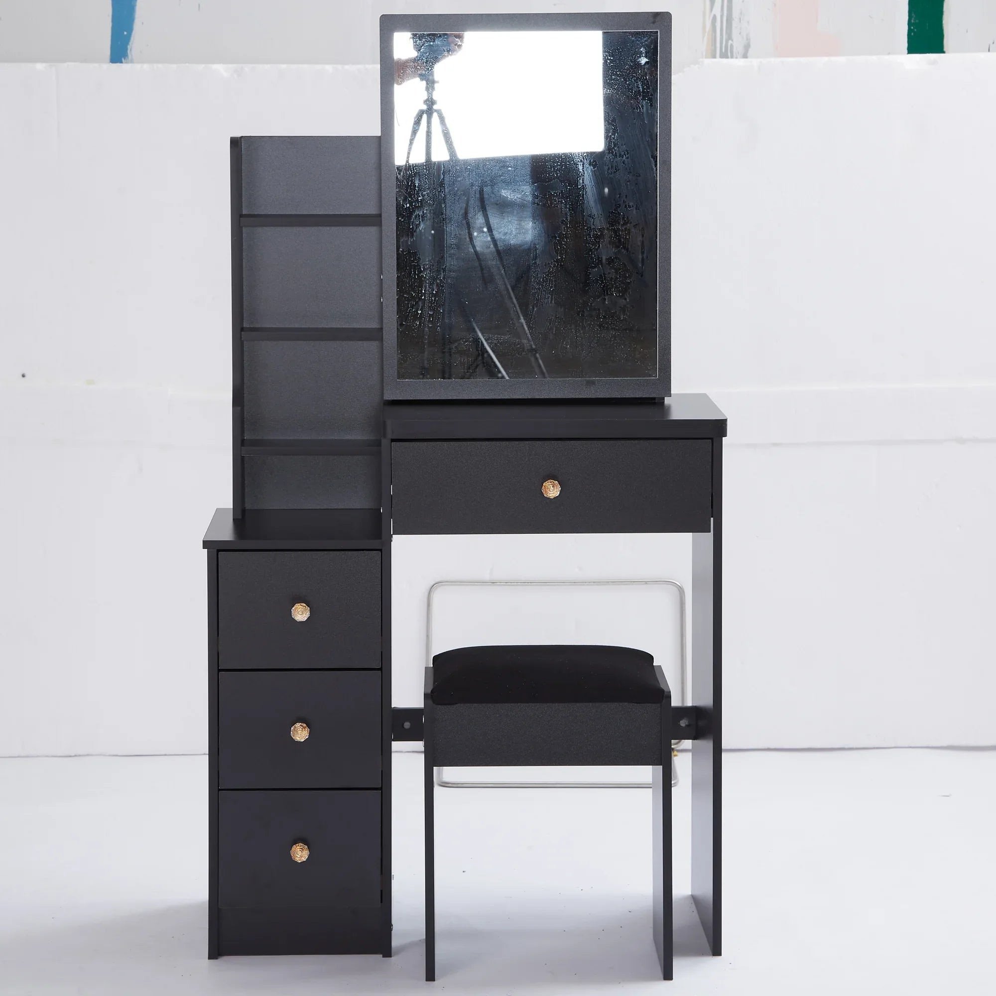 29.2' Small Space Left Bedside Cabinet Vanity Table + Cushioned Stool, Extra Large Right sliding mirror, Multi Layer High Capacity Storage, Practical Fashionable Dresser, Suitable For Small Space - Eloy Royal
