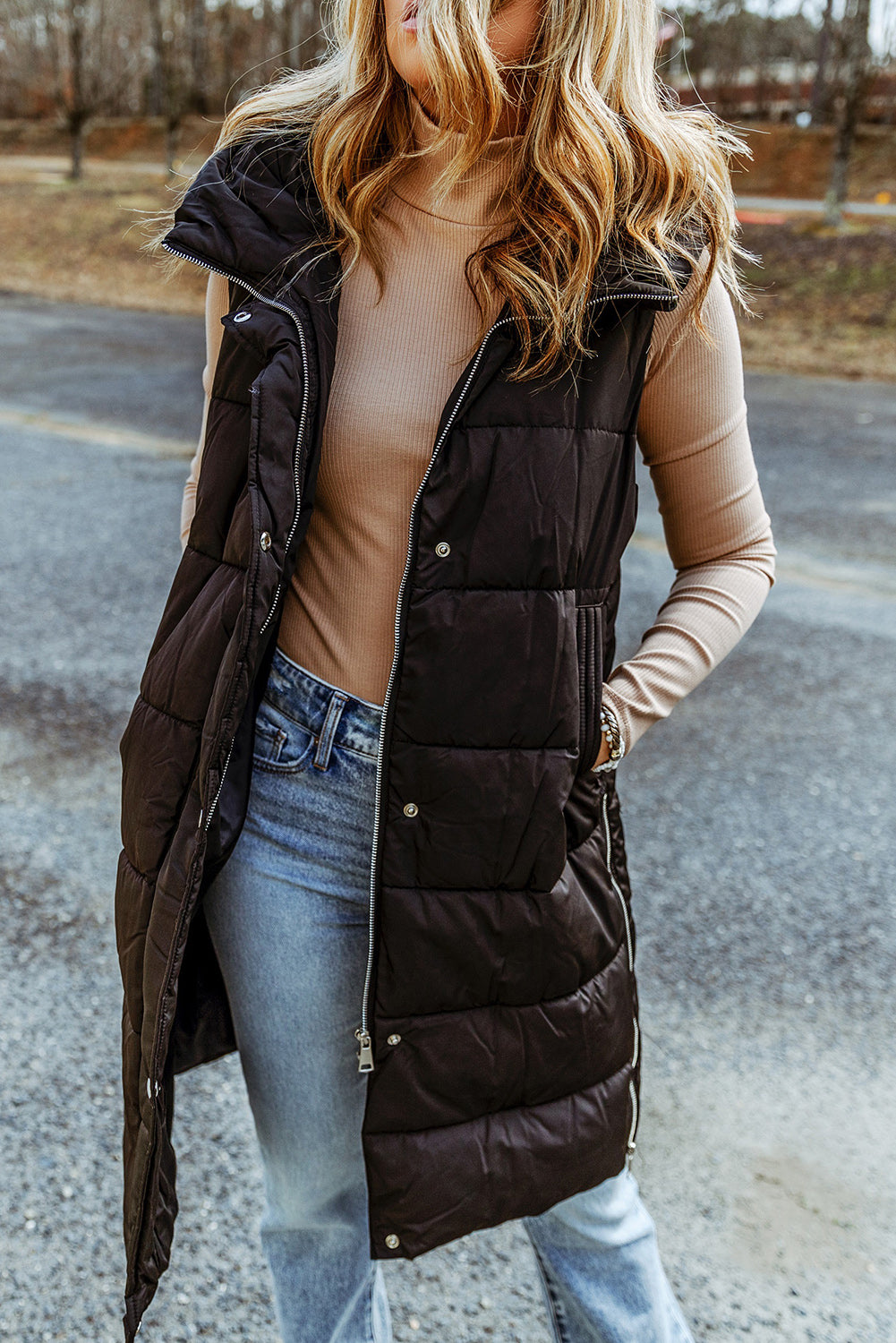 Black Hooded Pocketed Quilted Long Vest Coat - Eloy Royal