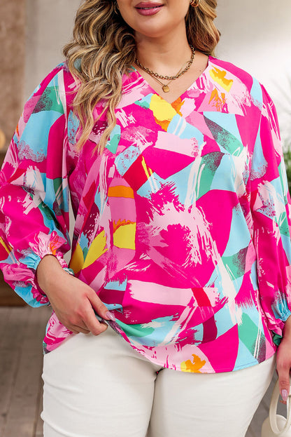 Pink Plus Size Graffiti Print Split Neck Puff Sleeve Blouse - Eloy Royal