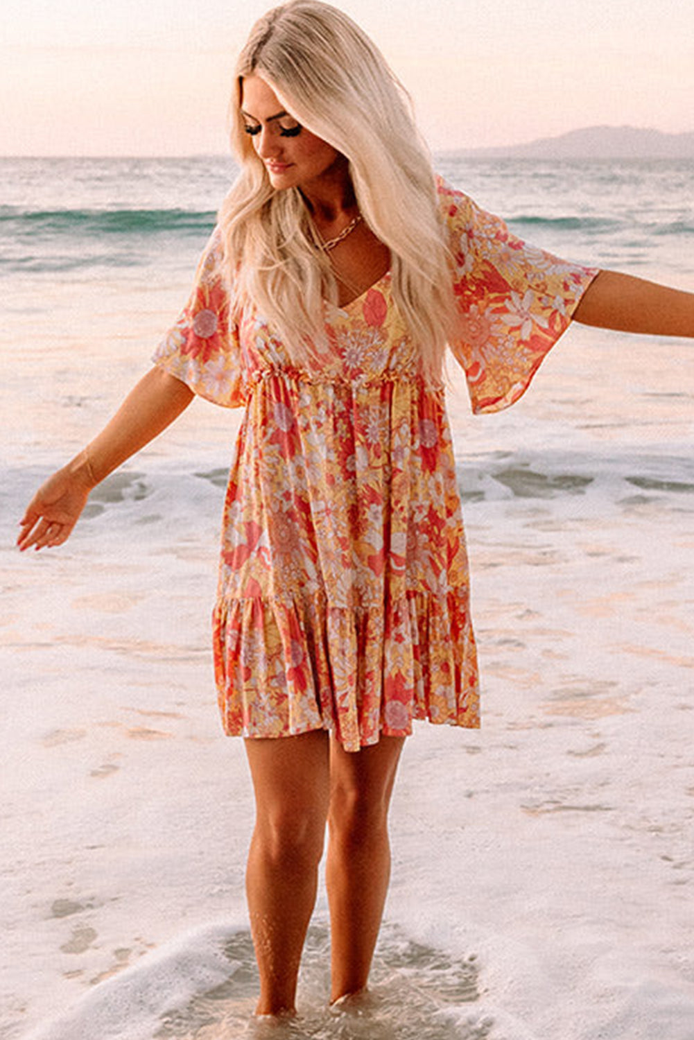 Orange Wide Flutter Sleeve V Neck Floral Dress - Eloy Royal