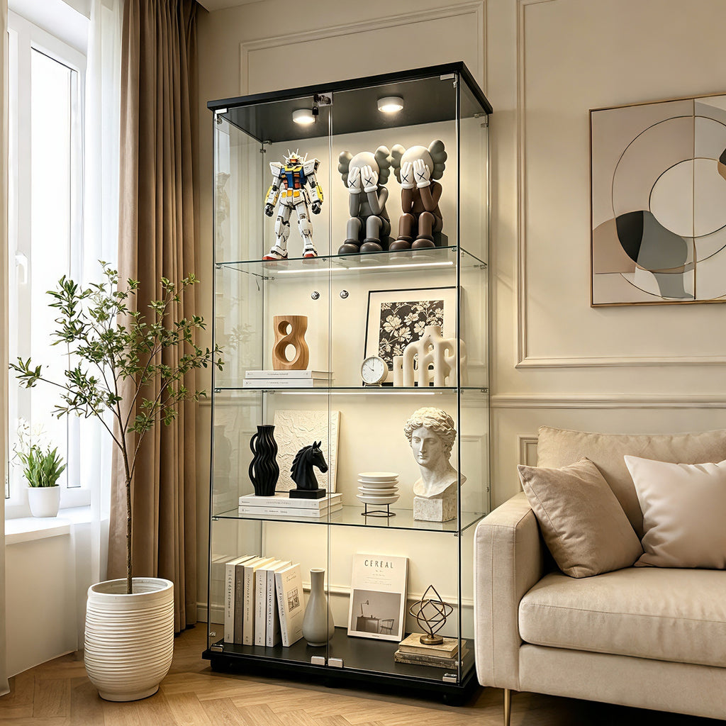 4-Tier Glass Display Cabinet with Lights, Double Doors and Lock, Curio Cabinet Tempered Glass Floor Standing Bookshelf for Living Room, Bedroom, Office, 64.5 x 31 x 13.5 in, Black