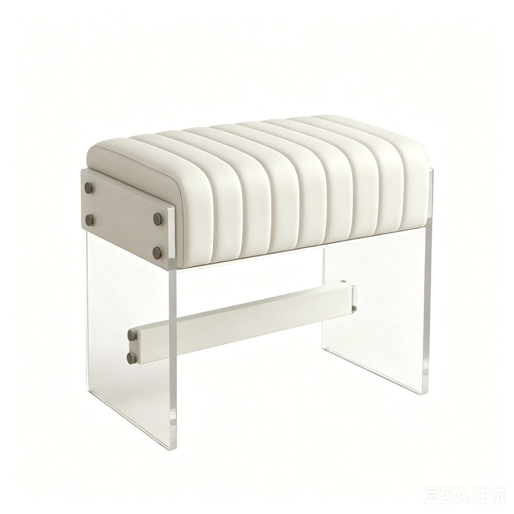 Modern Minimalist Dressing Stool with White PU Leather Surface, High-Density Sponge Cushion, and Transparent Acrylic Legs in White