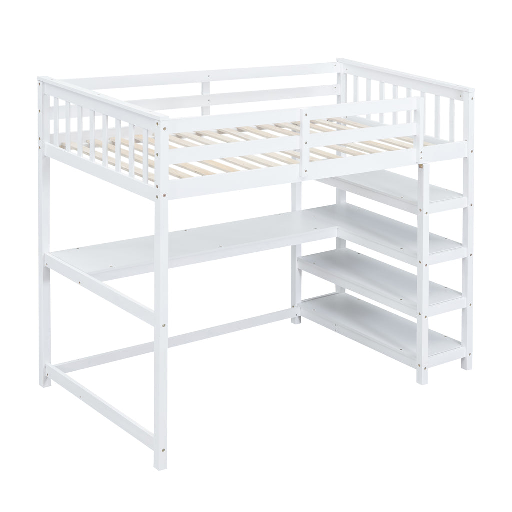 White Twin Size Loft Bed with Under-bed Desk and Storage Shelves, Solid Pine Wood and MDF, 79.7''L x 42''W x 68.3''H
