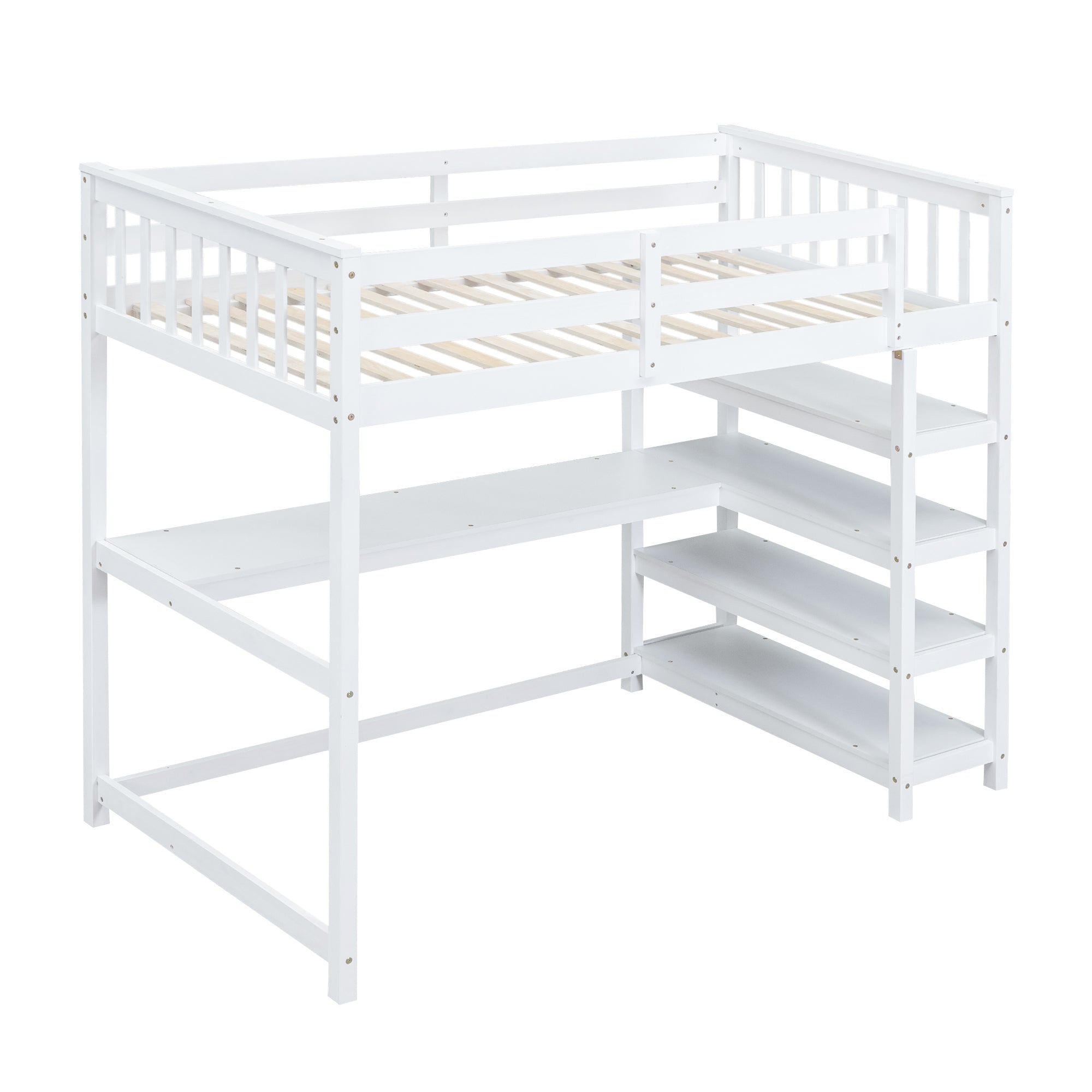 White Twin Size Loft Bed with Under-bed Desk and Storage Shelves, Solid Pine Wood and MDF, 79.7''L x 42''W x 68.3''H