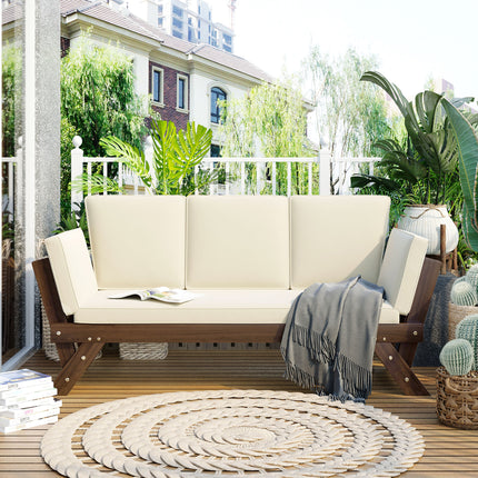TOPMAX Outdoor Adjustable Patio Wooden Daybed Sofa Chaise Lounge with Cushions for