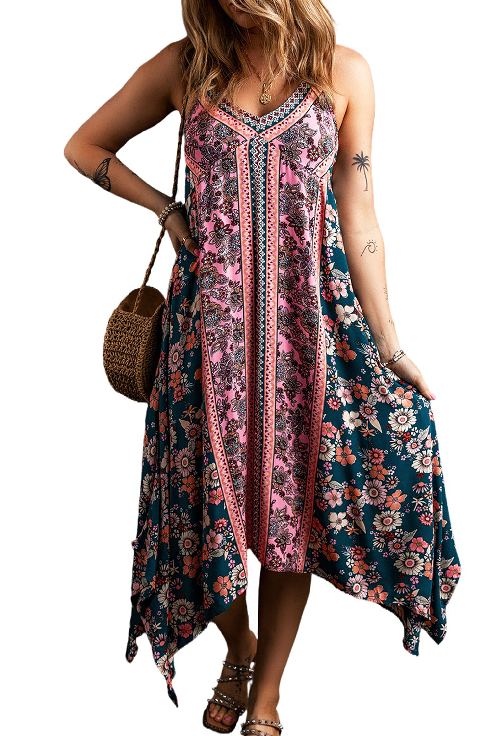 Pink Bohemian Floral Patchwork Print Maxi Sundress - Eloy Royal