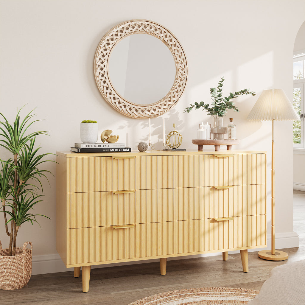 6 Drawer Dresser for Bedroom, Fluted Wooden Chest of Drawers for Children's Room,  Nursery, Entrance, Natural, 47.24'W x 14.96'D x 33.06'H
