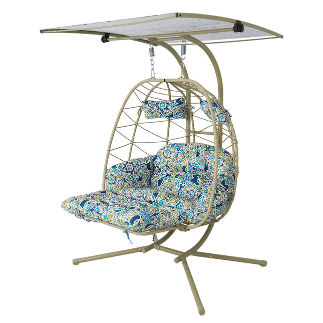 2-Person Wicker Hanging Egg Chair with Adjustable Canopy & Footrest, Double Patio Swing Chair with Stand, 660LBS Capacity Indoor Outdoor Hammock Chair with Cushions for Balcony, Garden, Backyard