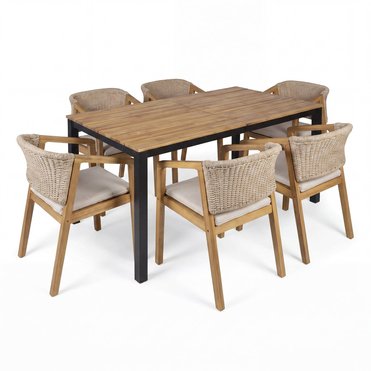 Ancona 7-Piece Acacia Rope Dining Set, Light Teak and Beige
