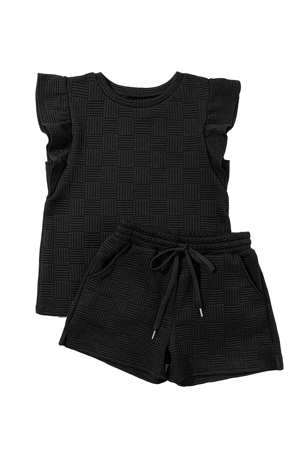 Black Textured Ruffle Sleeve Tee and Drawstring Shorts Set - Eloy Royal