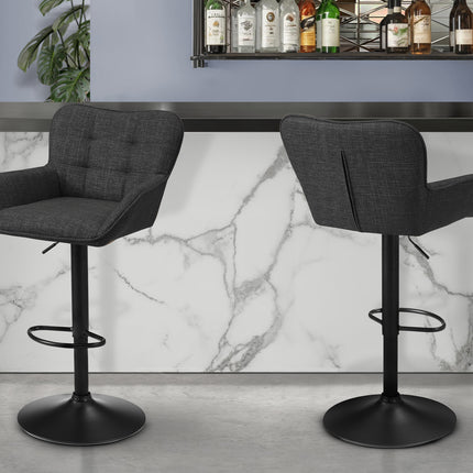Barstool, Set Of 2, Adjustable, Swivel, Bar Height, Counter Height, Kitchen, Black Fabric, Black Metal, Contemporary, Modern
