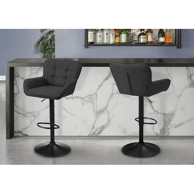 Barstool, Set Of 2, Adjustable, Swivel, Bar Height, Counter Height, Kitchen, Black Fabric, Black Metal, Contemporary, Modern