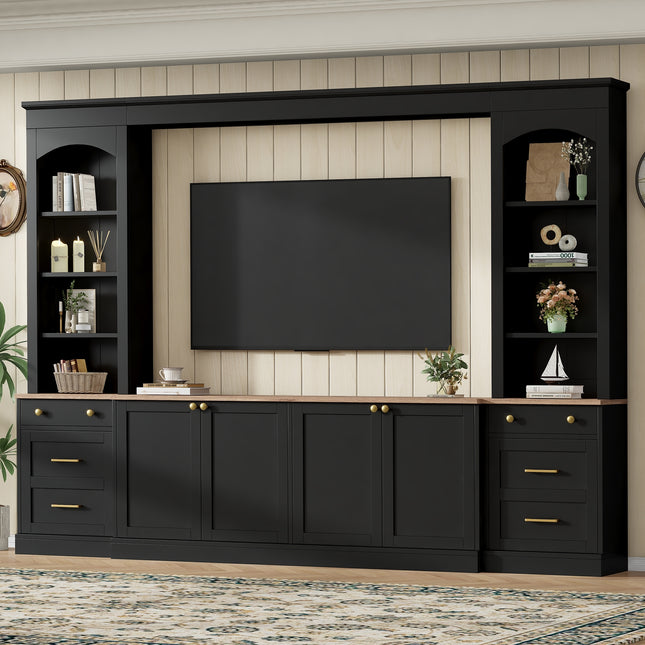 Farmhouse Arched Entertainment Center Wall Unit with Bookshelf with Retro Large TV