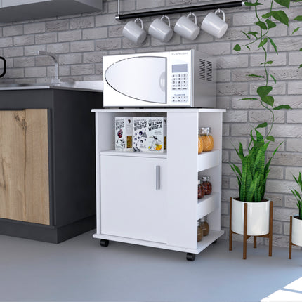 Lower Microwave Pantry 29' H, Single Door Cabinet, One Open Shelf, Three Side Shelves, White