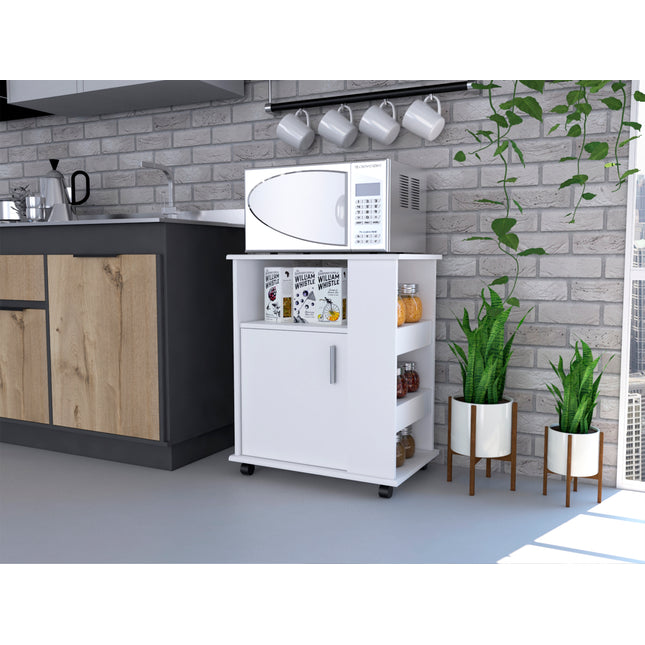 Lower Microwave Pantry 29' H, Single Door Cabinet, One Open Shelf, Three Side Shelves, White