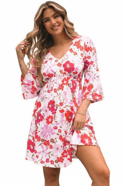 White Floral Print V Neck Flutter Half Sleeve Empire Waist Dress - Eloy Royal