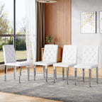 4-pack white PU dining chairs: ergonomic buckle backrest, 35 inches high, silver metal legs,Combines Comfort and Texture.Perfectly suitable for family dining rooms, hotel banquet halls,etc.