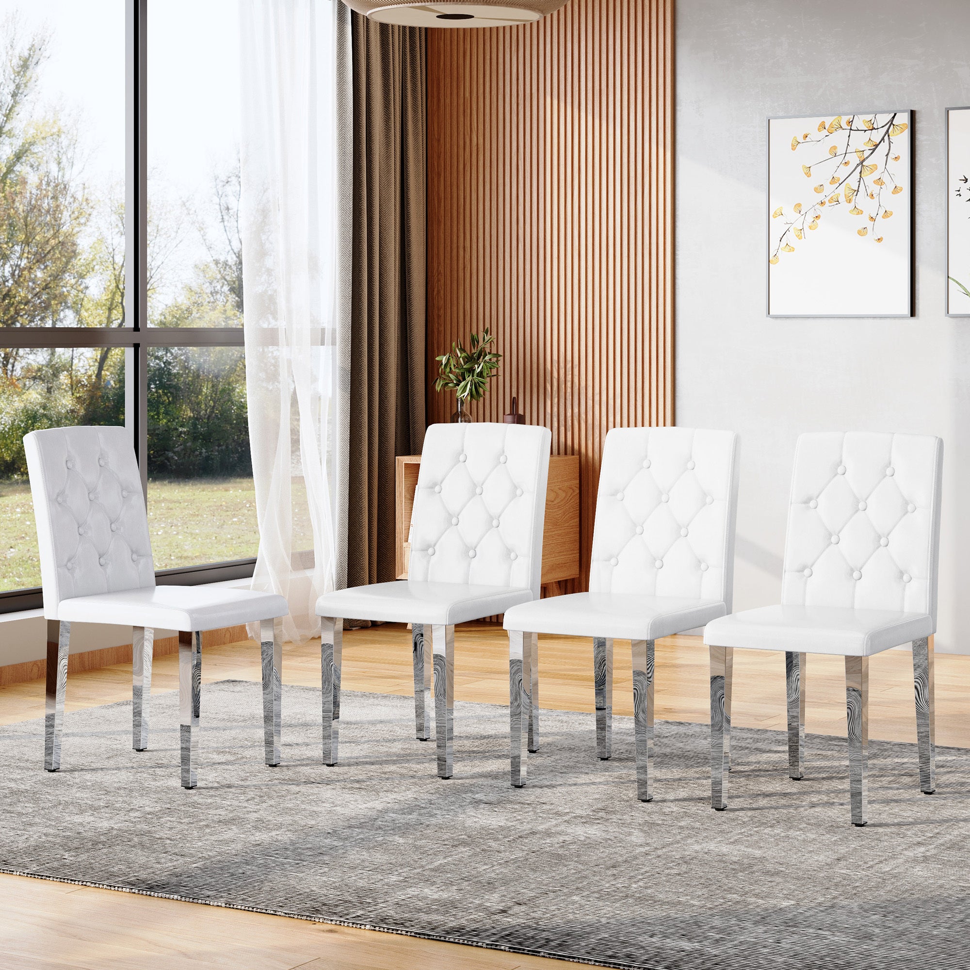 4-pack white PU dining chairs: ergonomic buckle backrest, 35 inches high, silver metal legs,Combines Comfort and Texture.Perfectly suitable for family dining rooms, hotel banquet halls,etc.