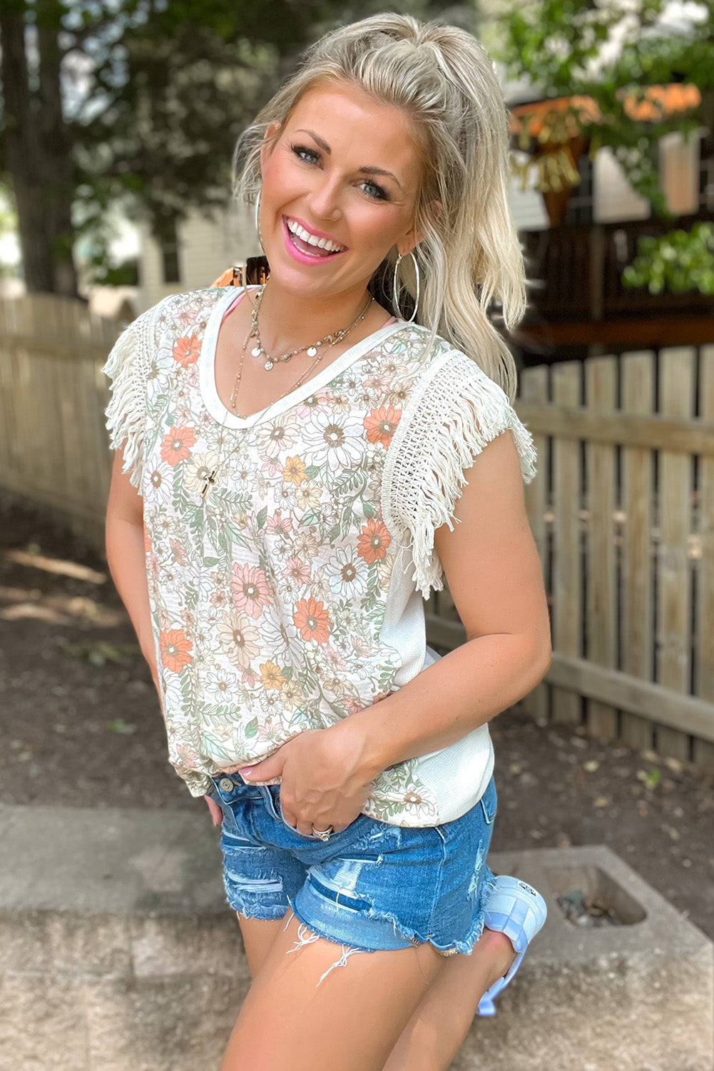 White Boho Floral Print Fringe Shoulder Sleeveless Shirt - Eloy Royal