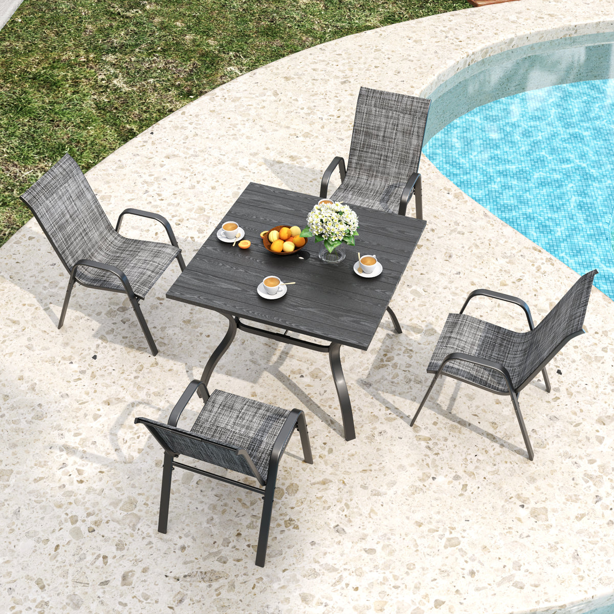 5-Piece Outdoor Patio Dining Set, Vintage Wood Grain Table with Umbrella Hole + 4 Ergonomic Stacking Chairs 350LB Capacity, Waterproof Textilene Fabric, for Garden Yard Balcony Patio Restaurant