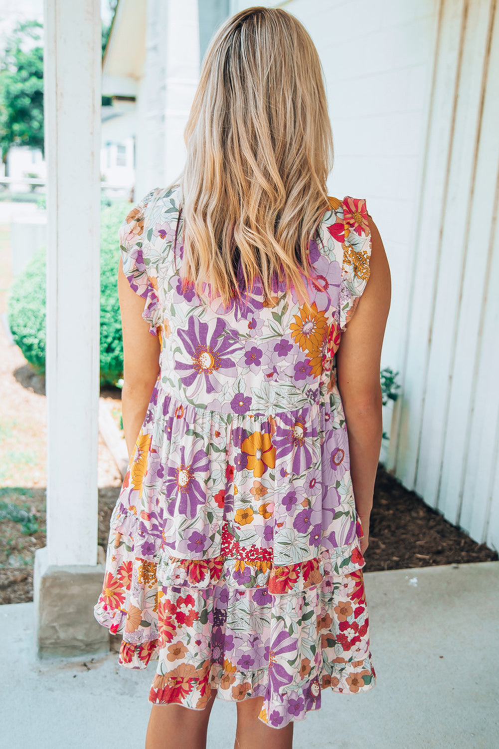 Floral Print Casual Ruffled Sleeveless Tiered Short Dress - Eloy Royal