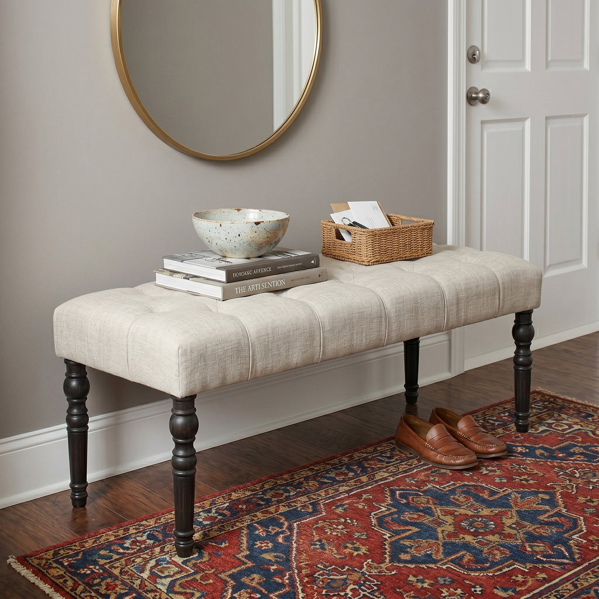 Leviton Fabric Tufted Turned Leg  Dining Bench, Tan