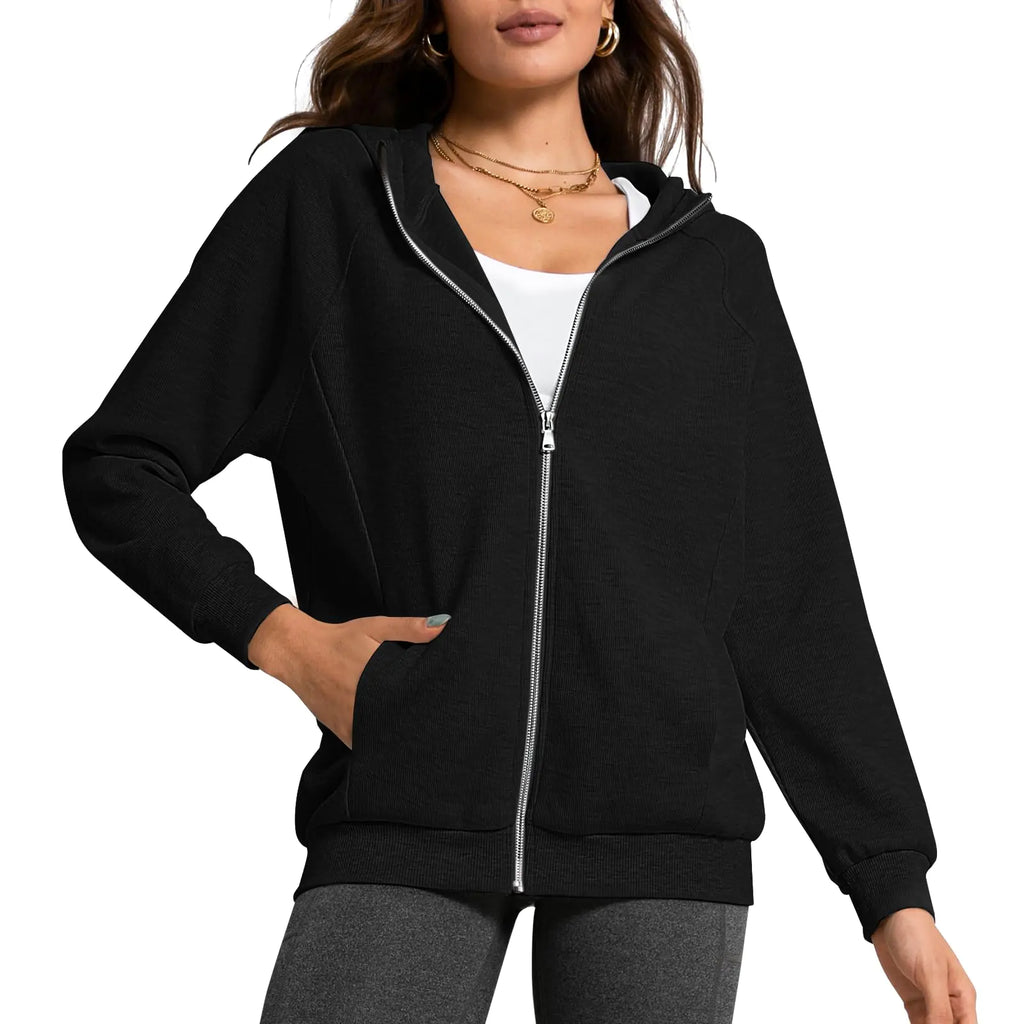 aquota Zip Up Hoodie Women Oversized Zip Up Hoodie for Women Long Sleeve Waffle Knit Jacket Shirts Oversized Hoodies Jackets (US Alpha Small Regular Regular Black) Black Small