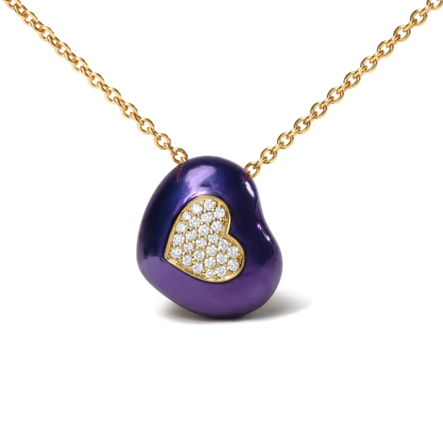 18K Yellow Gold Blue Enamel 1/10 Cttw Round Pave Diamonds Heart Shape 18" Pendant Necklace  (G-H Color, SI1-SI2 Clarity) - Adjustable up to 16" - 18"