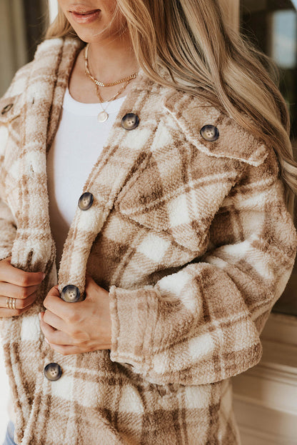 Khaki Sherpa Plaid Button Pocketed Jacket - Eloy Royal