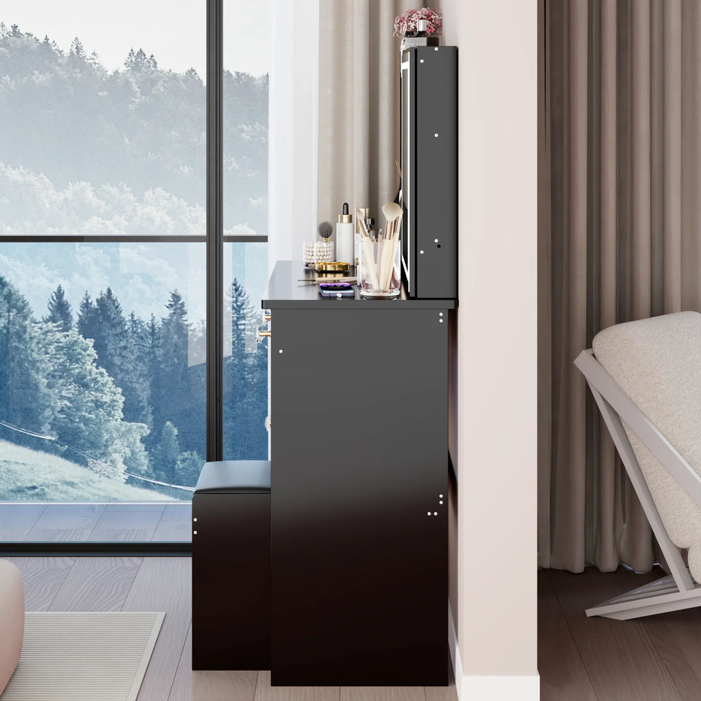 37' Middle Size Left Drawer Desktop Vanity Table + Cushioned Stool, Extra Large Right sliding mirror, Multi Layer High Capacity Storage, Practical Fashionable Dresser, Suitable For Large Space - Eloy Royal