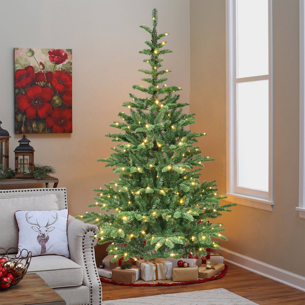 8ft Pre-Lit Christmas Tree with 500 Warm White LED Lights, 1307 PE+PVC Tips, Realistic Layered Look, Unique Wooden Base – Full Artificial Holiday Tree for Home Decor