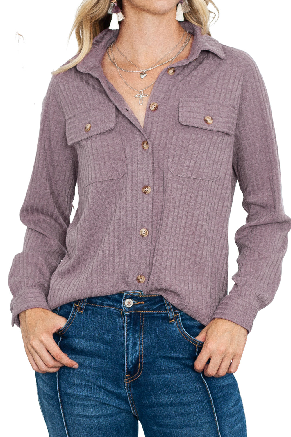 Purple Button Down Raw Hem Ribbed Shirt Shacket - Eloy Royal