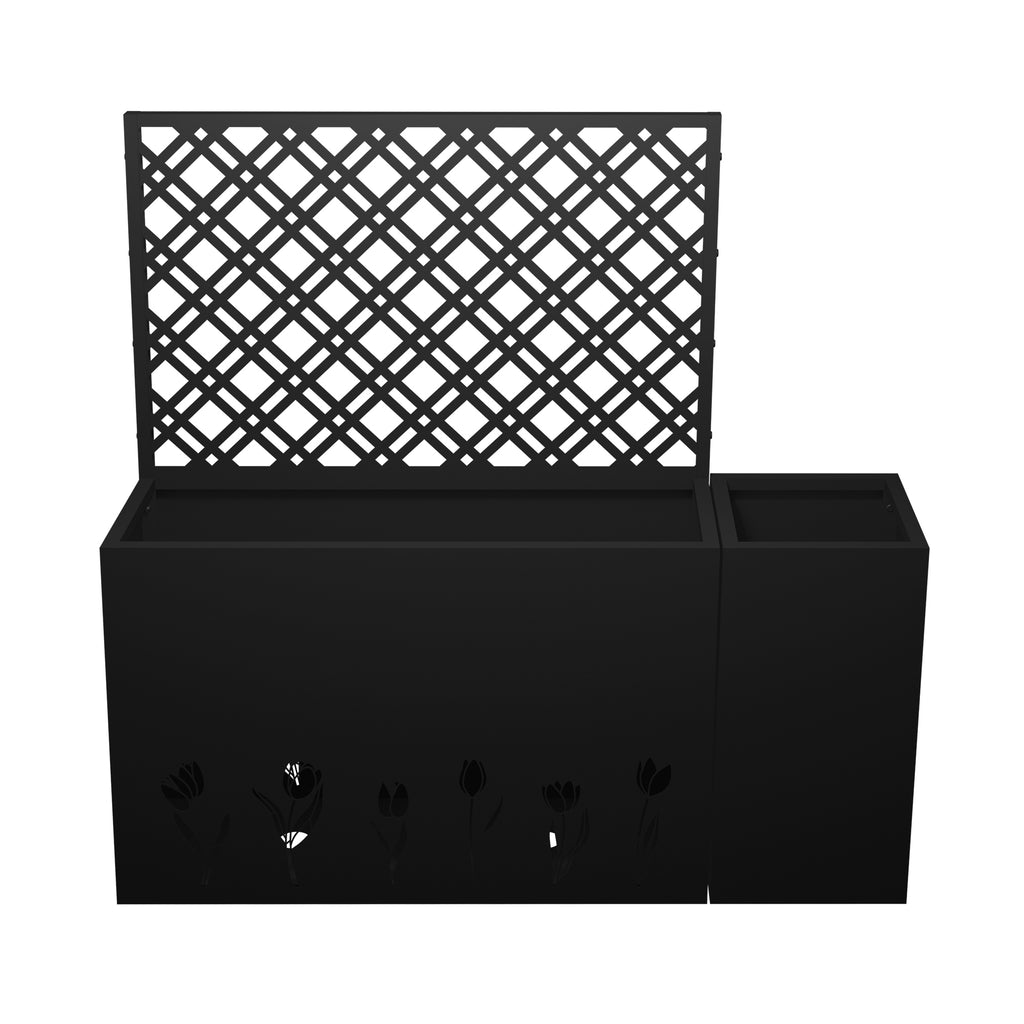 2-Piece Metal Planter Box with Trellis - 23.6in Depth Raised Garden Bed for Outdoor Indoor Use, Rust-Resistant Galvanized Steel Flower Planter with Drainage Holes, Tulip Black
