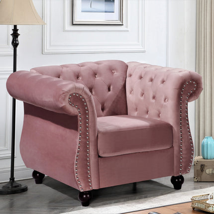 Chesterfield Crushed Velvet Accent Chair, Button Tufted Single Sofa Chair with Rolled Arms, Wood Tapered Legs, High Density Foam Spring Support, Comes with Matching Bolster
