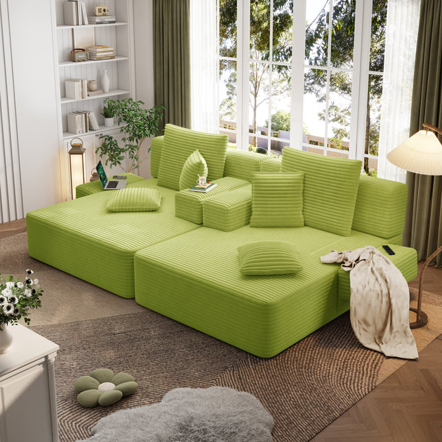 Oversized Double Chaise Lounge 2-Piece Set, Luxurious Plush Corduroy Convertible Sofa Bed with 6 Pillows and Storage Pocket, for Small Spaces,Home Theater, Living Room,Light Green