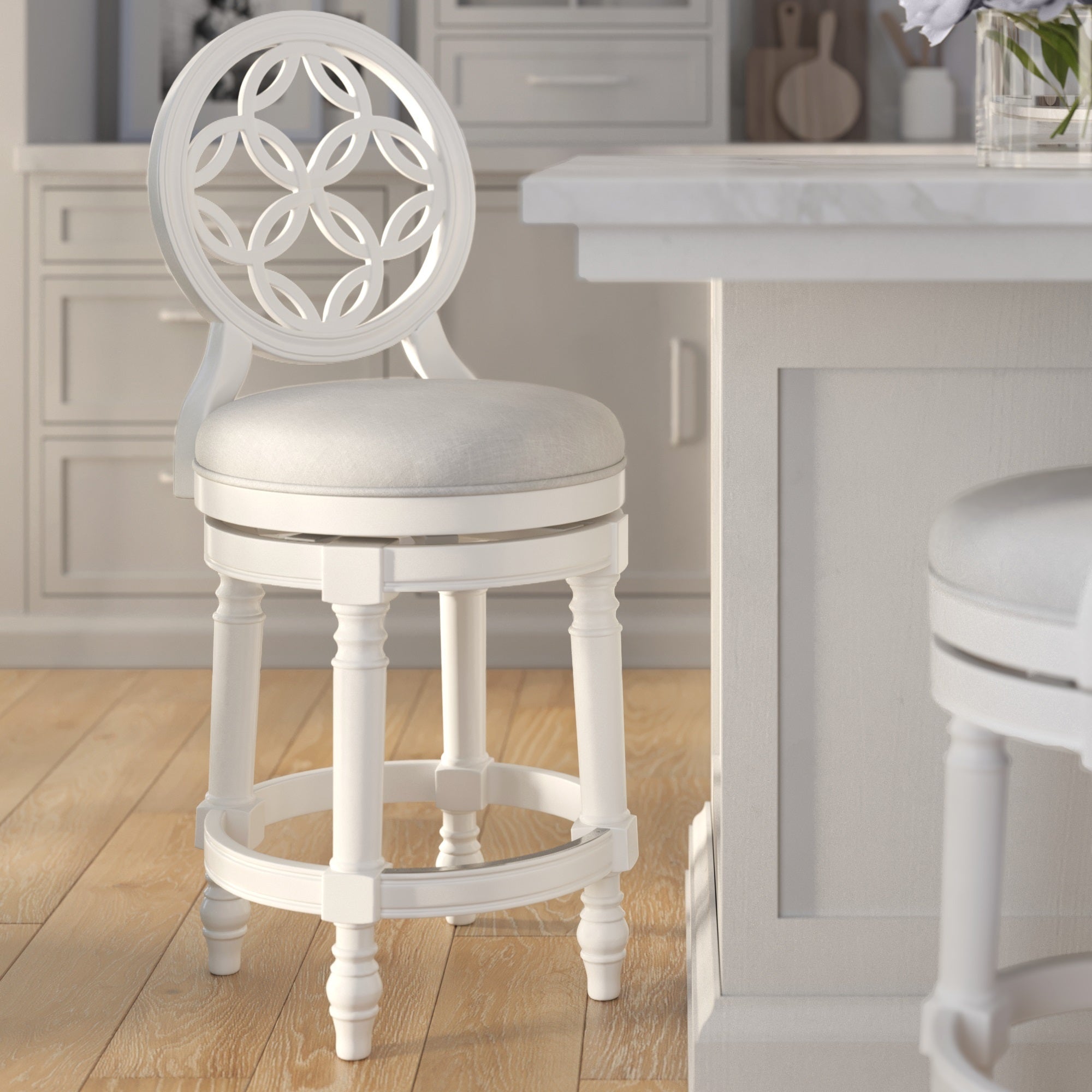 Tiffany 26' Wood Counter-Height Bar Stool with Back and Swivel Upholstered Seat, Farmhouse White