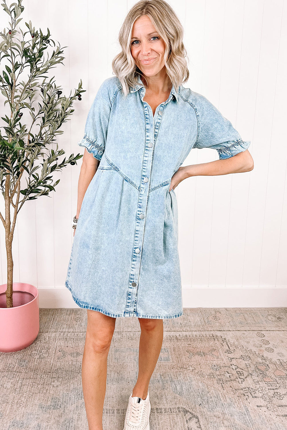 Blue Mineral Washed Ruffled Short Sleeve Pocketed Denim Dress - Eloy Royal