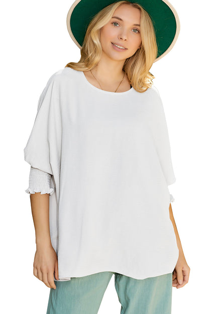 White Plain & Casual Shirred Cuffs Half Sleeve Top - Eloy Royal