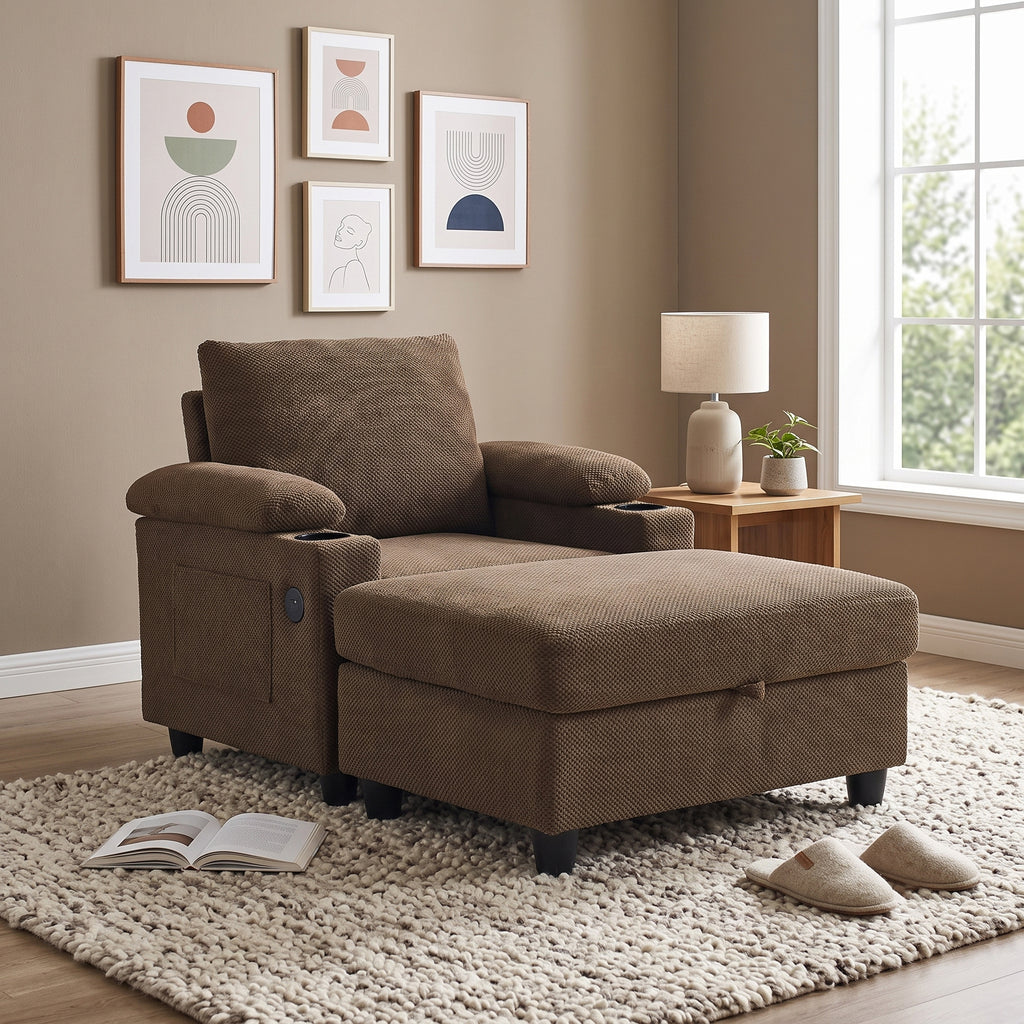 Accent Chair and Storage Ottoman Set, Versatile Single Chaise Lounge Convertible Sleeper Bed W/Reclining Backrest,Cupholders,USB-C Ports