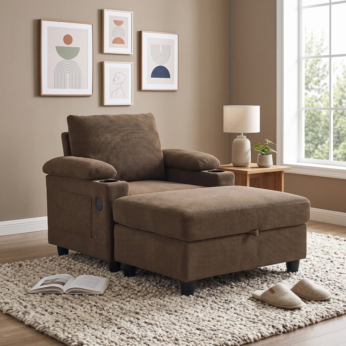 Accent Chair and Storage Ottoman Set, Versatile Single Chaise Lounge Convertible Sleeper Bed W/Reclining Backrest,Cupholders,USB-C Ports