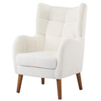 White Teddy Fabric Accent Chair with Birch Wood Legs, 41' High-Back Upholstered Lounge Chair, Comfortable Living Room Seating