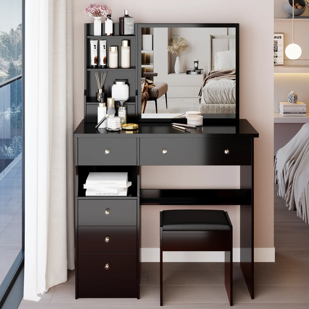 37' Middle Size Left Drawer Desktop Vanity Table + Cushioned Stool, Extra Large Right sliding mirror, Multi Layer High Capacity Storage, Practical Fashionable Dresser, Suitable For Large Space - Eloy Royal