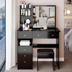 37' Middle Size Left Drawer Desktop Vanity Table + Cushioned Stool, Extra Large Right sliding mirror, Multi Layer High Capacity Storage, Practical Fashionable Dresser, Suitable For Large Space - Eloy Royal