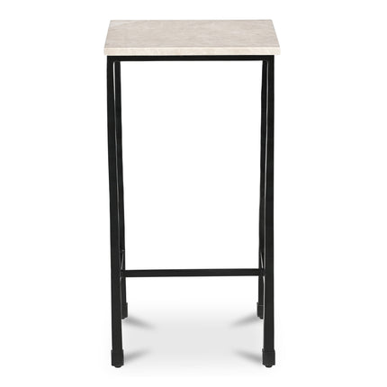 Side Table, Rectangular Italian Botticino Marble Top, Hammered Blackened Iron Base, Botticino Marble