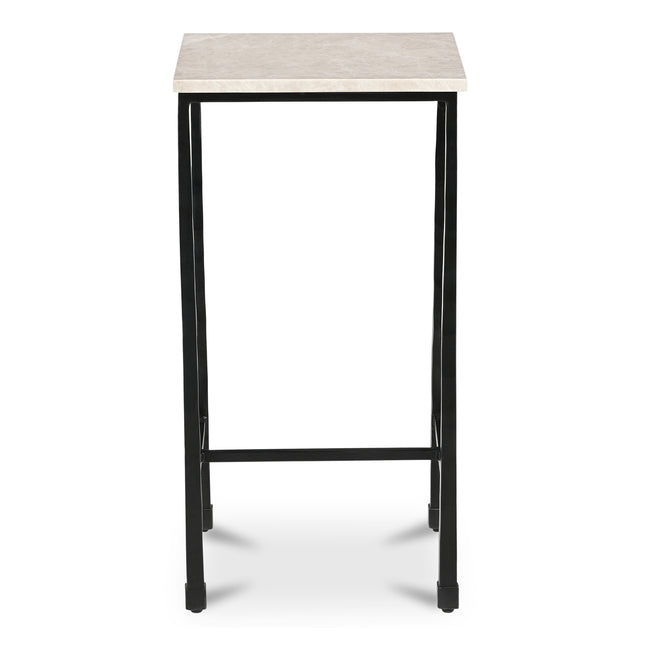 Side Table, Rectangular Italian Botticino Marble Top, Hammered Blackened Iron Base, Botticino Marble