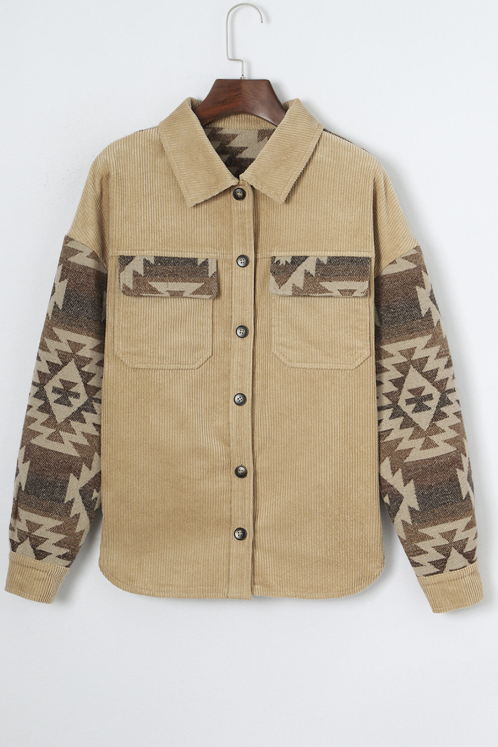 Wholesale Khaki Geometric Print Patchwork Frayed Edge Corduroy Jacket - Eloy Royal