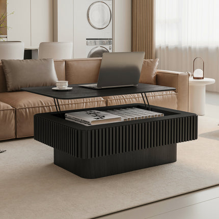 38.6'' Fluted Lift-top Coffee Table Solid Wood Veneered Modern Coffee Table Accent Tea Table with Storage and Adjustable Height for Living Room, Bedroom, Apartment or Office, Black