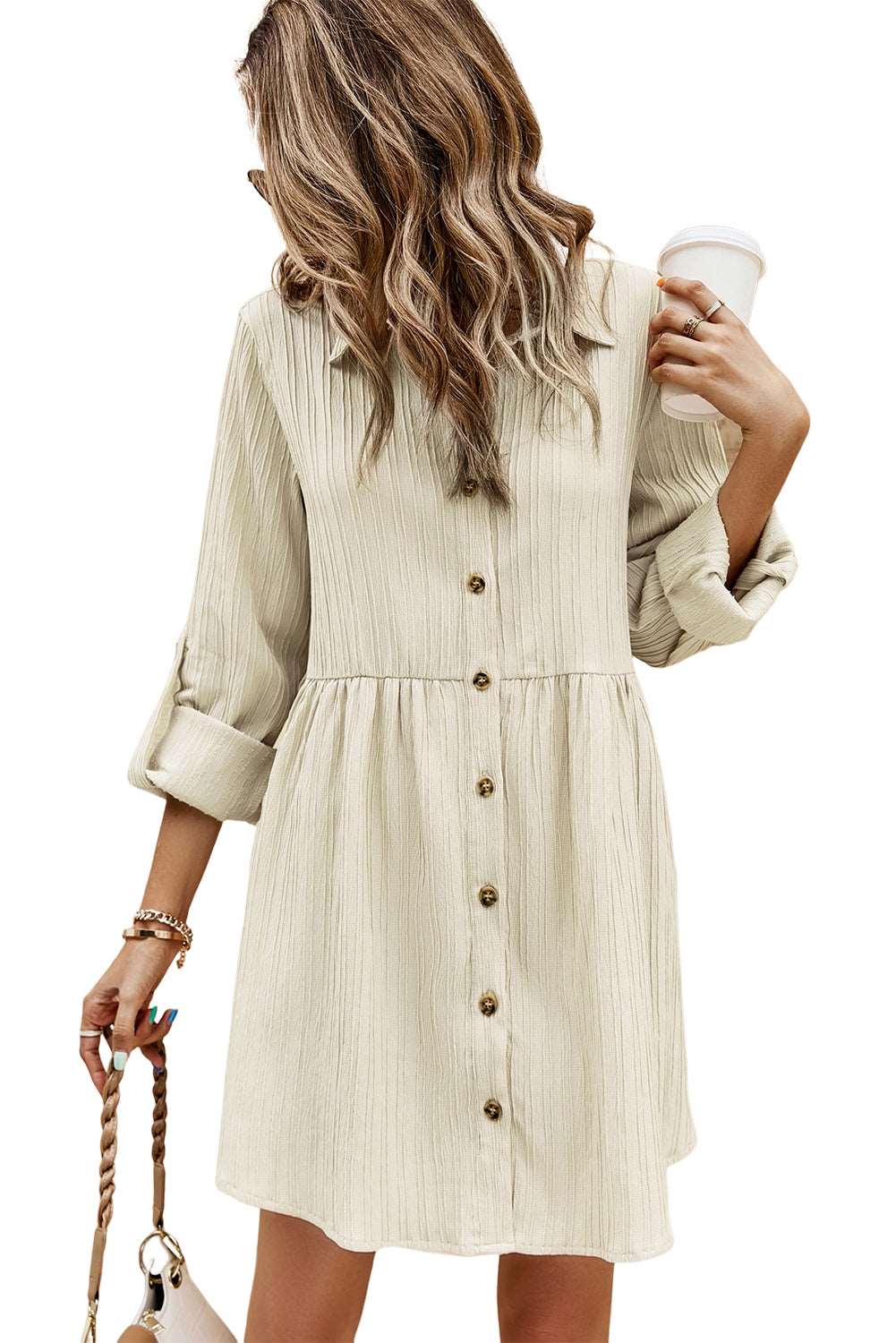 Apricot Textured Roll-Up Sleeve Button Front Dress