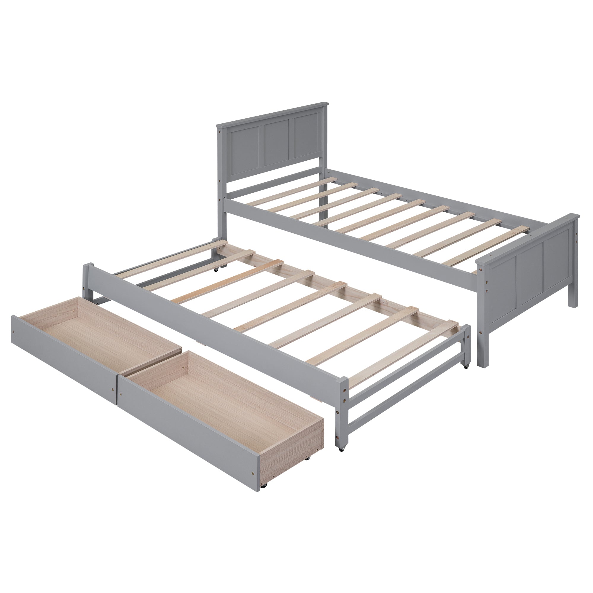 Gray Twin Size Platform Bed with Trundle and Drawers, Solid Pine Wood and MDF Frame, 80''L x 97.6''W x 41.3''H